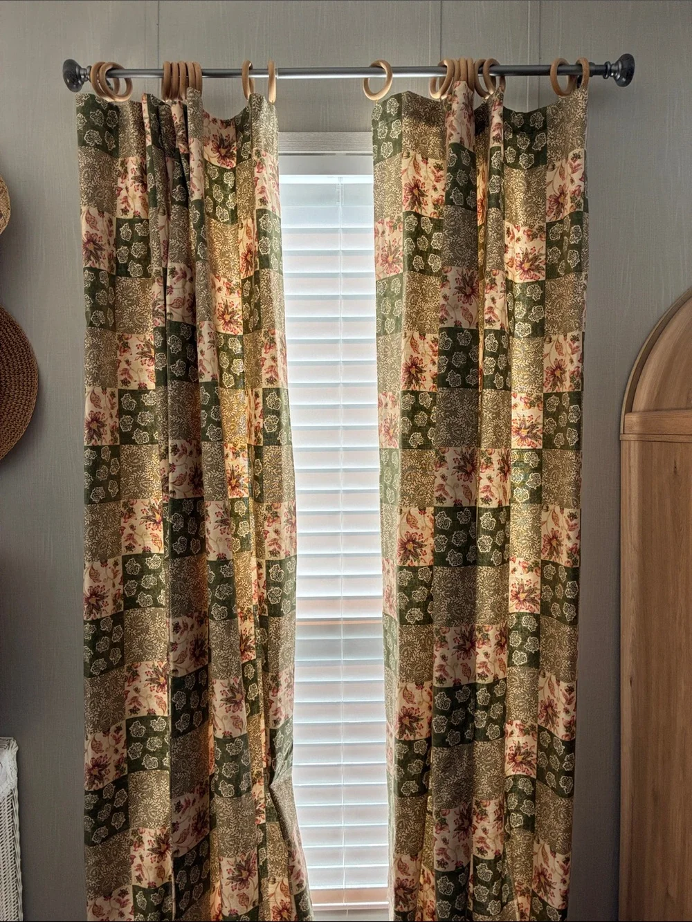Custom lined Drapes Cottagecore Green Floral with wooden hoop hangers